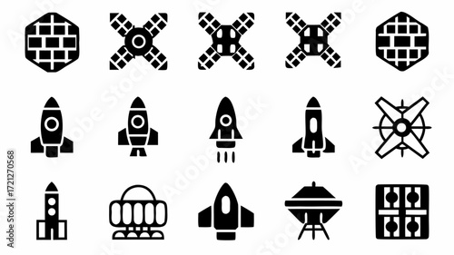 Collection of space exploration icons including rockets satellites and a space station in black and white | editable eps vectors silhouette