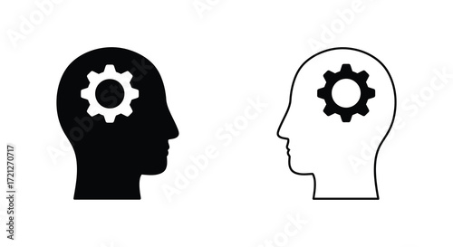 Two human head silhouettes with gears inside representing thought processes
