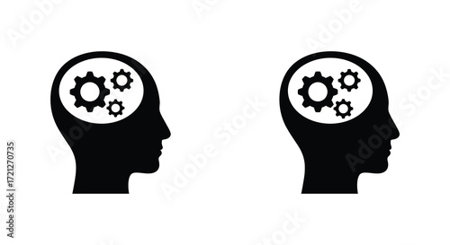 Two human head silhouettes showcasing gears inside representing thought processes