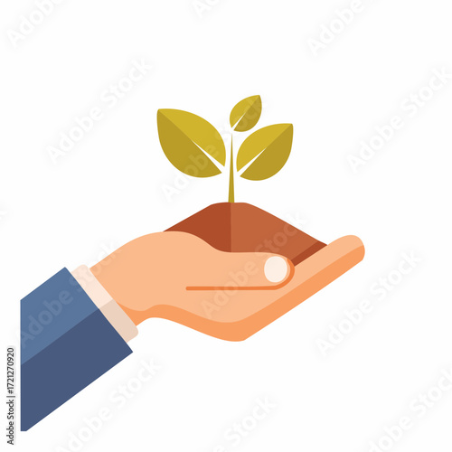 
A hand gently holds a small growing plant. This illustration represents growth, care, and a new beginning in business, nature, and life.