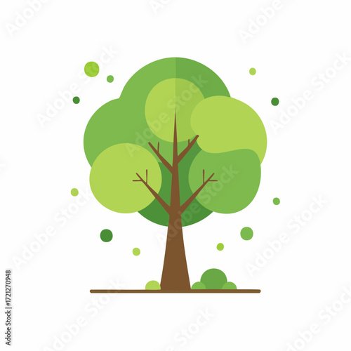 A vibrant tree with a trunk and circular leaves in various shades of green. This illustration represents nature, growth, and the environment in a modern style