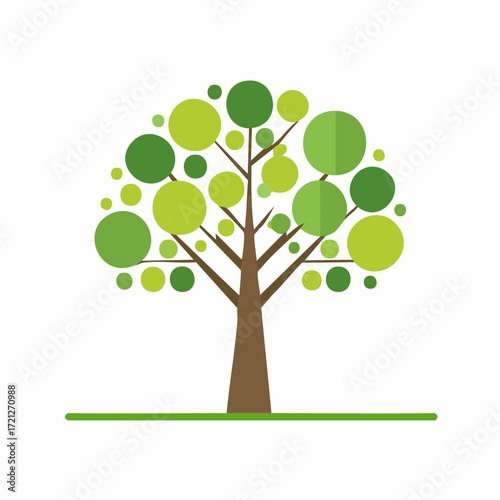 A vibrant tree with a trunk and circular leaves in various shades of green. This illustration represents nature, growth, and the environment in a modern style