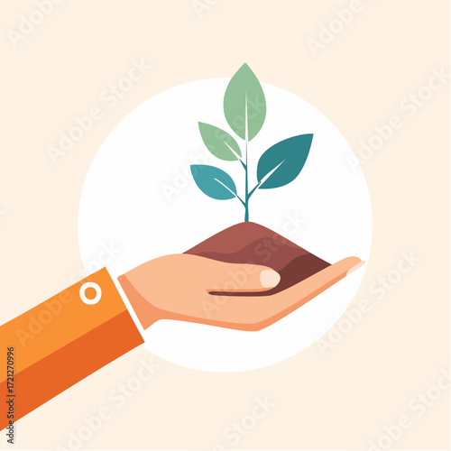 
A hand gently holds a small growing plant. This illustration represents growth, care, and a new beginning in business, nature, and life.