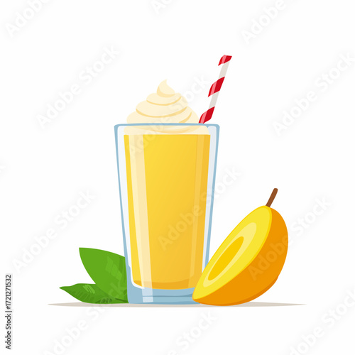 
A vibrant illustration of a mango smoothie in a tall glass, garnished with cream and a straw. A fresh mango and leaf are beside it.