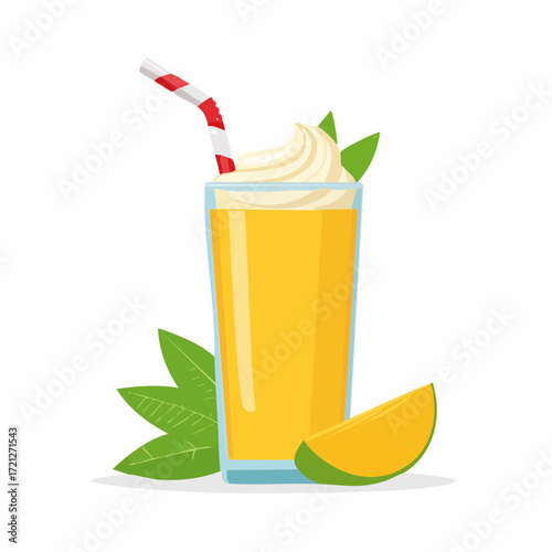 
A vibrant illustration of a mango smoothie in a tall glass, garnished with cream and a straw. A fresh mango and leaf are beside it.