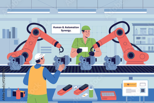 Modern factory automation production line with robotic arms and human workers assembling products efficiently