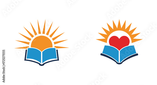 Two stylized logos depicting open books with sun and heart symbols