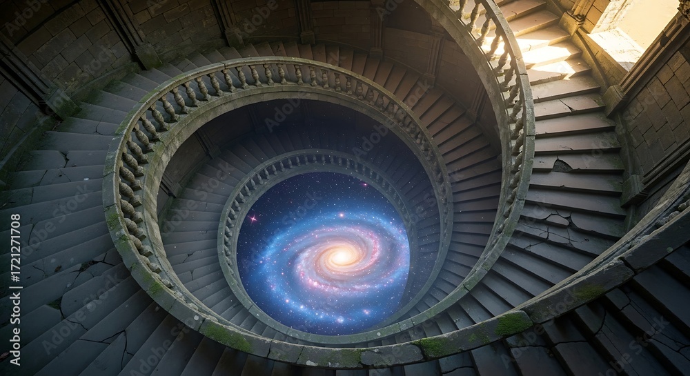 Fototapeta premium Ancient Stone Spiral Staircase Descending into a Luminous Cosmic Galaxy Vortex, Blending Architecture with Celestial Wonder.