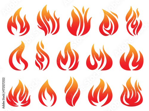 Fire illustration set. Bright burning flames of various shapes. Blazing flames, clip art. Vector campfire elements