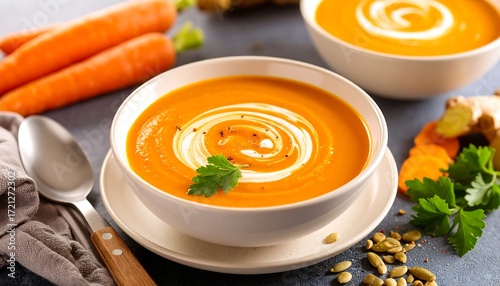 Creamy carrot soup in bowls, garnished with cream and herbs