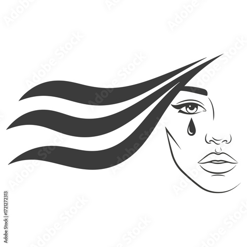 Sad Woman Crying with Flowing Hair Vector Art.