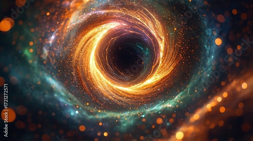Fototapeta Naklejka Na Ścianę i Meble -  Black hole vortex in deep space with glowing swirling particles, cosmic galaxy background, abstract wormhole tunnel, colorful nebula lights, futuristic sci fi universe illustration design