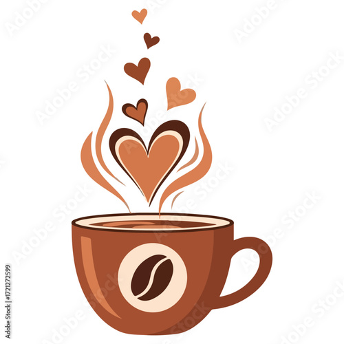 Coffee cup with hearts and steam, a warm beverage.