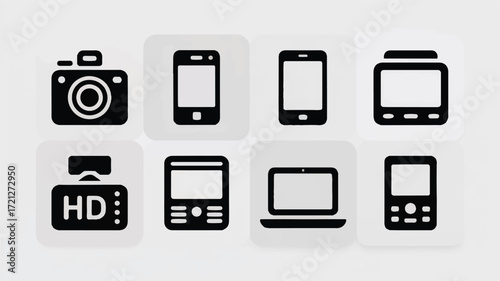 Monochrome digital icons of electronic devices camera smartphone