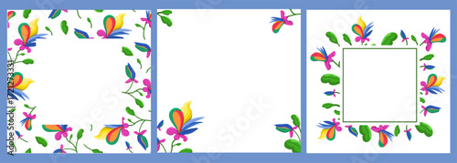 Vector set of colorful floral frames with fantastic flowers and plants. Template for advertising and creative projects.