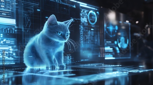 Digital illustration of a glowing blue cat on a grid-like, futuristic surface.
