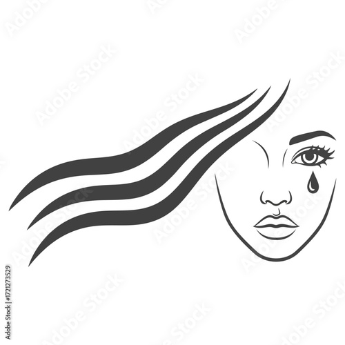 Minimalist line drawing of a sad womans face with a teardrop.