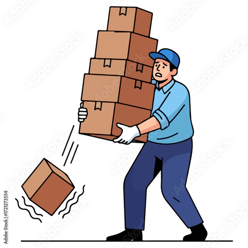 Delivery worker struggling to carry heavy boxes, dropping one.