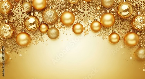 Luxury Golden Christmas Background with Ornaments, Snowflakes, and Festive Decoration