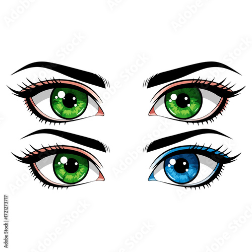 Four Cartoon Eyes with Green and Blue Irises.