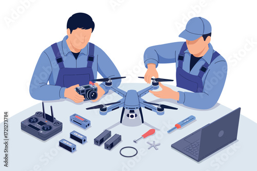 Technicians assembling and repairing a drone with tools and components laid out on a workbench for efficient aerial device maintenance.