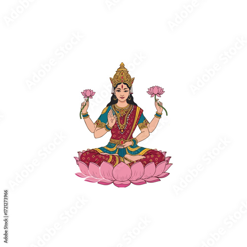 Illustration of Goddess Lakshmi Seated on a Lotus Flower.
