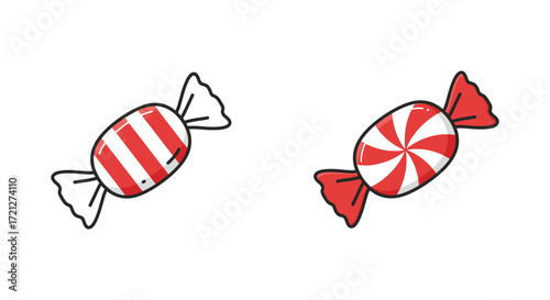 Two wrapped hard candies with red and white striped designs shown