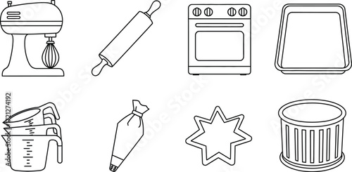 Collection of baking essentials, from mixer to oven and cookie cutters