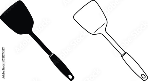 Sleek kitchen spatula in silhouette and outline for cooking and food preparation.