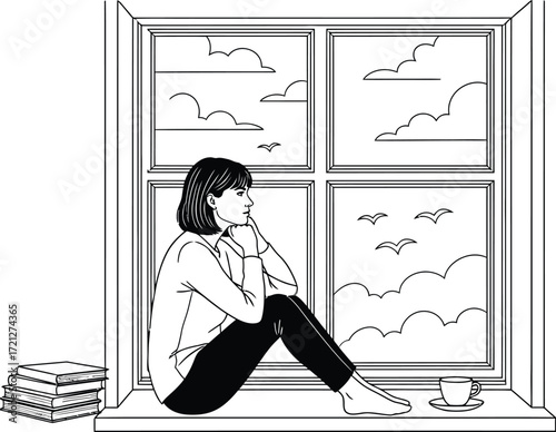 Young woman sitting by window, looking out at clouds and birds, with books and coffee nearby