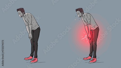 Man experiencing pain in the arm while standing against gray background  