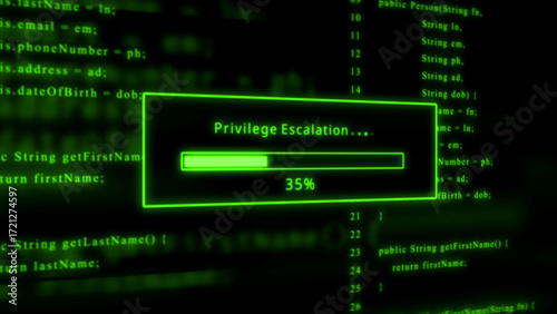 Cyber attack privilege escalation progress bar loading on digital code background graphic design