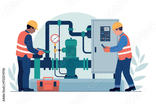 Industrial expertise two technicians inspecting complex machinery and control panel for maintenance and operations