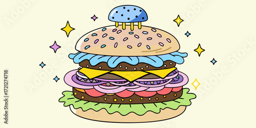 Colorful Cartoon Cheeseburger with Sparkles Illustration