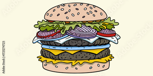 Double Beef Burger with Cheese and Vegetables Illustration