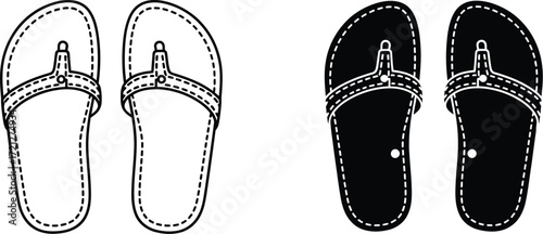 Pair of stylish flip-flops in white outline and black silhouette for summer footwear choice