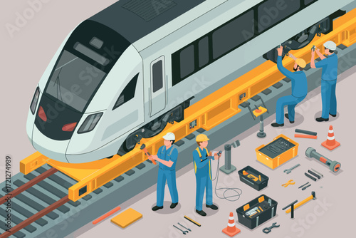 Modern train maintenance and repair with skilled technicians and tools on a specialized railway track