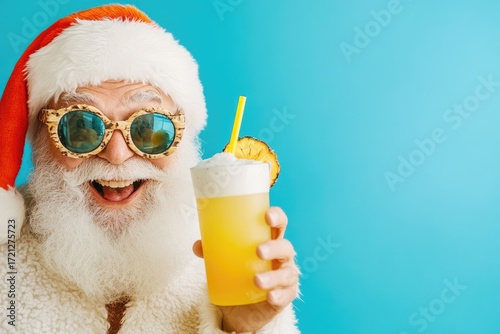 Festive santa enjoying tropical drink in summer-themed holiday fun