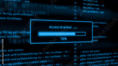 Blue glowing progress bar shows 76% access granted over scrolling code programming hacking