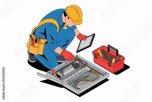 Skilled technician in work attire with hard hat and tool belt examining blueprints and tablet busy construction scene