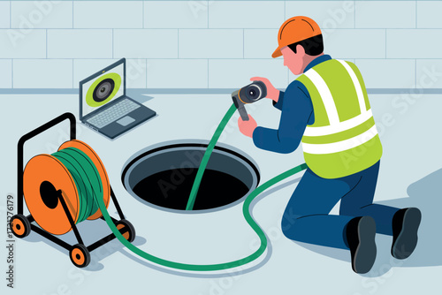 Professional plumber using drain camera inspection equipment to diagnose sewer line issues in a manhole for effective pipe repair and maintenance services