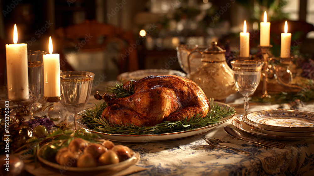Fototapeta premium The image depicts a warm and inviting dining scene, likely for a festive occasion