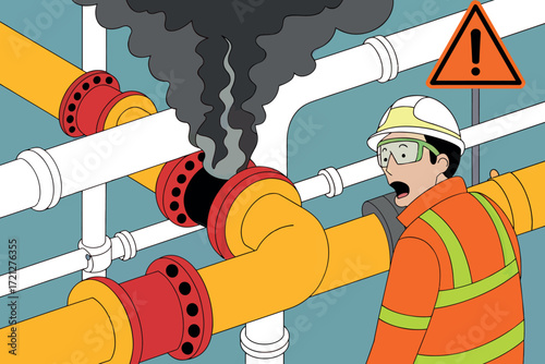 Industrial accident scene with worker in safety gear inspecting leaking pipes emitting smoke and a hazard warning symbol overhead