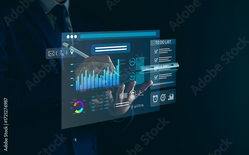 KPI analysis concept, Businessman using KPI dashboard virtual screen analyze data report, business tend, marketing, company finances, investment, Digital technology.