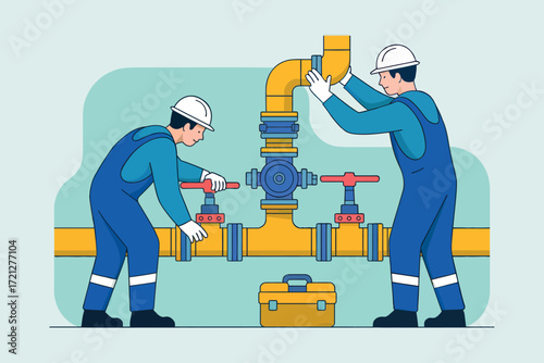 Two mechanics in blue overalls and hard hats working on a colorful industrial pipe system with a toolbox below