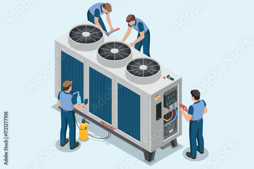 Hvac maintenance crew working on large outdoor cooling unit with fans and panels for industrial air conditioning services
