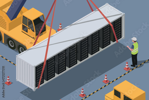 Industrial crane lifts large rectangular module with workers overseeing complex logistics and heavy machinery operations