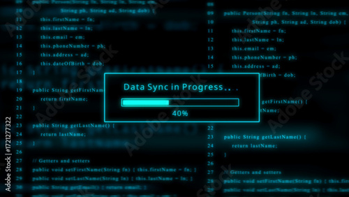 Blue Data Sync Progress Bar at 40% with Code Background loading technology