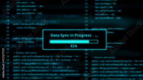 Glowing Blue Data Sync Progress Bar with Code Background loading technology