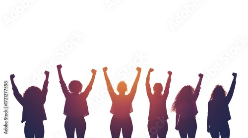 Silhouette photograph of five women raising arms in a celebratory pose against a white background.